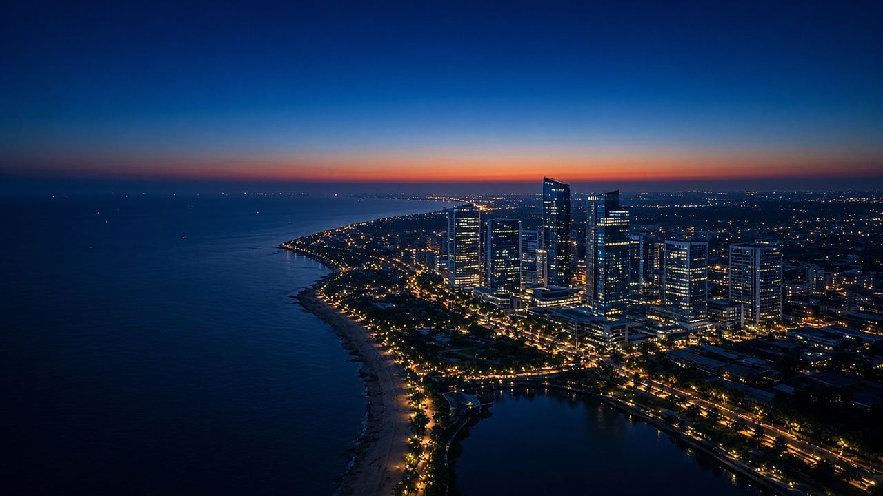 An aerial view of a coastal business district at dusk, glass towers beside the sea and a lagoon