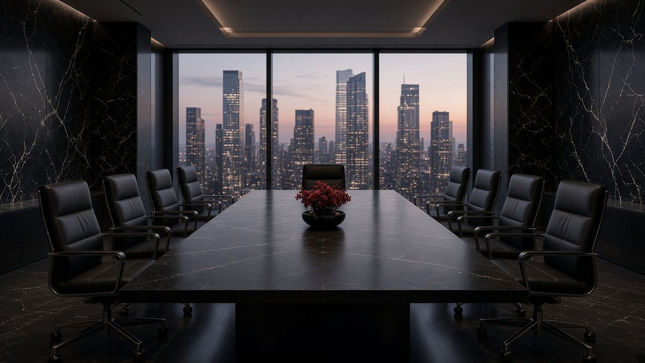 An empty boardroom with a dark marble table and leather chairs, looking out over a city at dusk