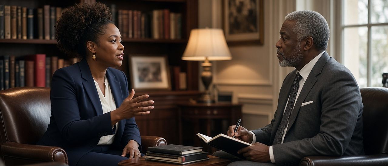 A Black woman founder in a navy suit talks with a grey-haired senior adviser, who takes notes, in a book-lined office