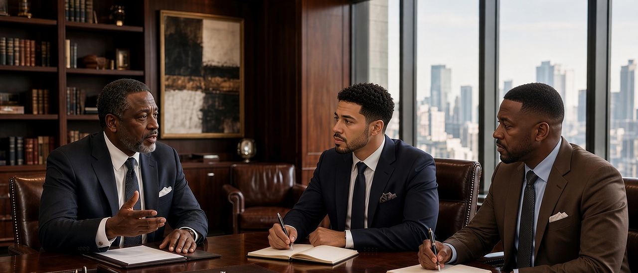 Three executives in suits talk around a walnut table in a wood-panelled office, notebooks open