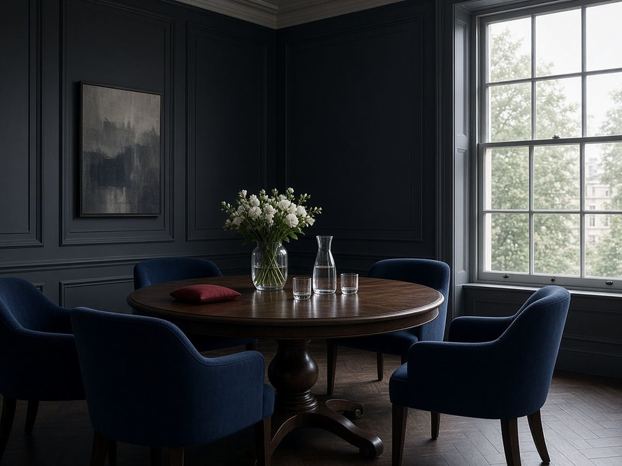 A quiet meeting room with a round walnut table, navy chairs and a tall sash window