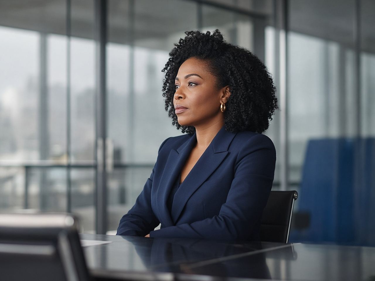 A Black woman executive in a navy blazer sits at a boardroom table, looking thoughtfully towards the window