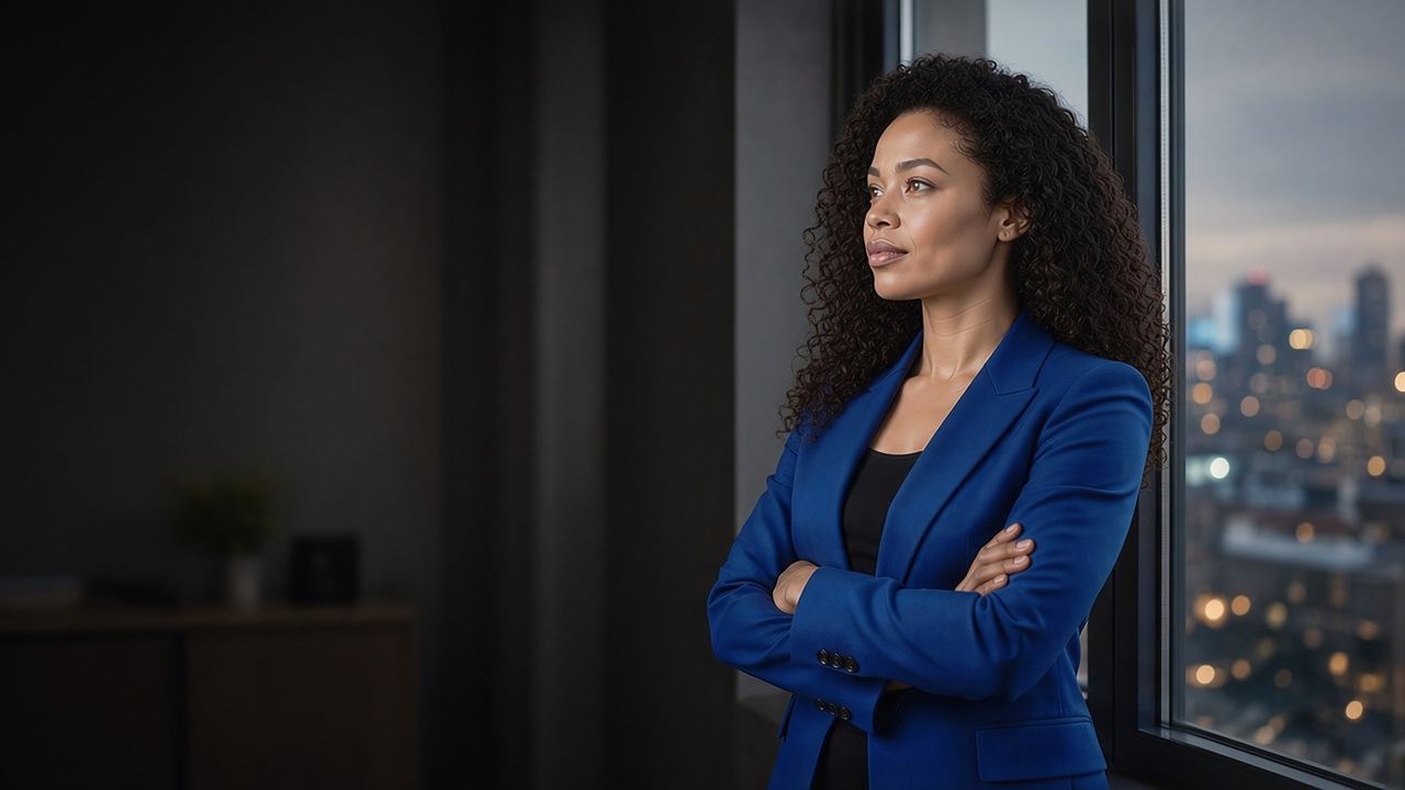 A woman founder in a cobalt blue blazer stands by an office window at dusk, arms folded, deep in thought