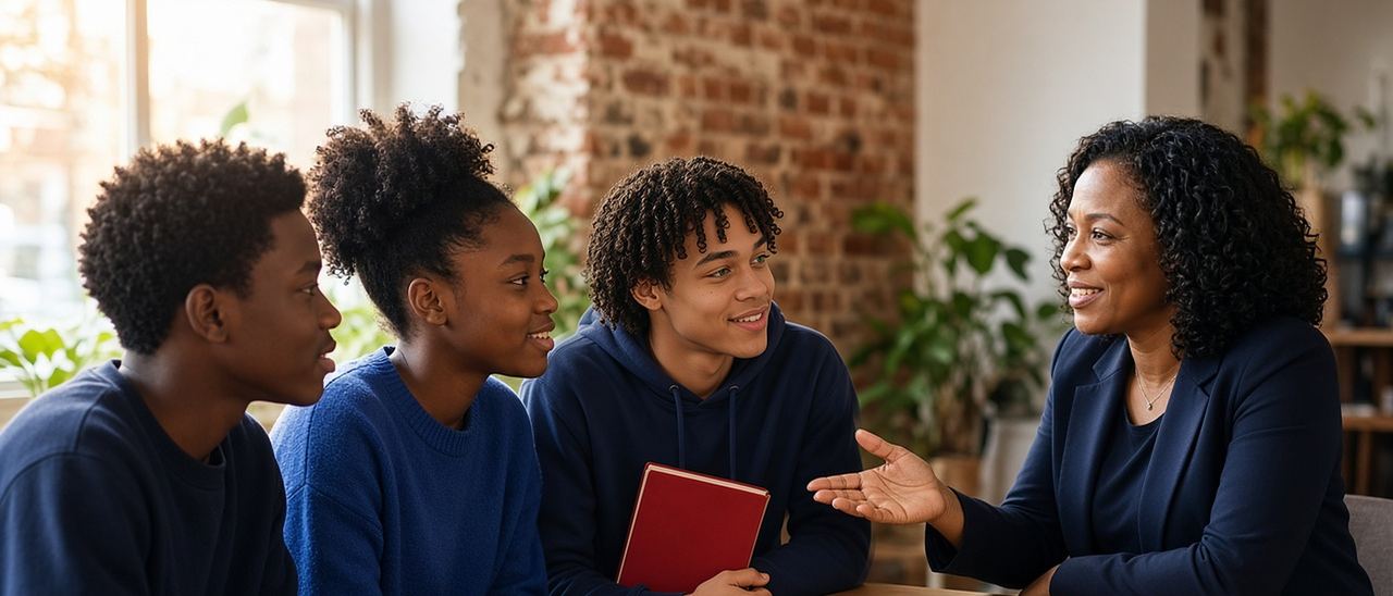 A Black British woman mentor in a navy blazer talks with three teenagers around a table in a bright workspace