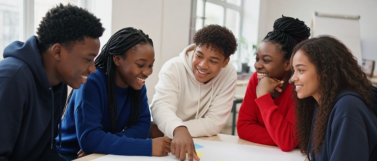 Five teenagers laugh and plan together around a large sheet of paper covered in sticky notes