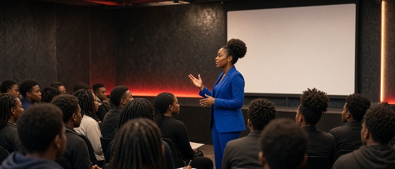 A speaker in a cobalt blue suit addresses a seated room of young people, some taking notes