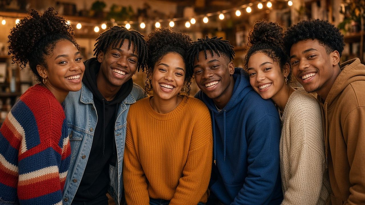 Six smiling young people stand close together under warm string lights