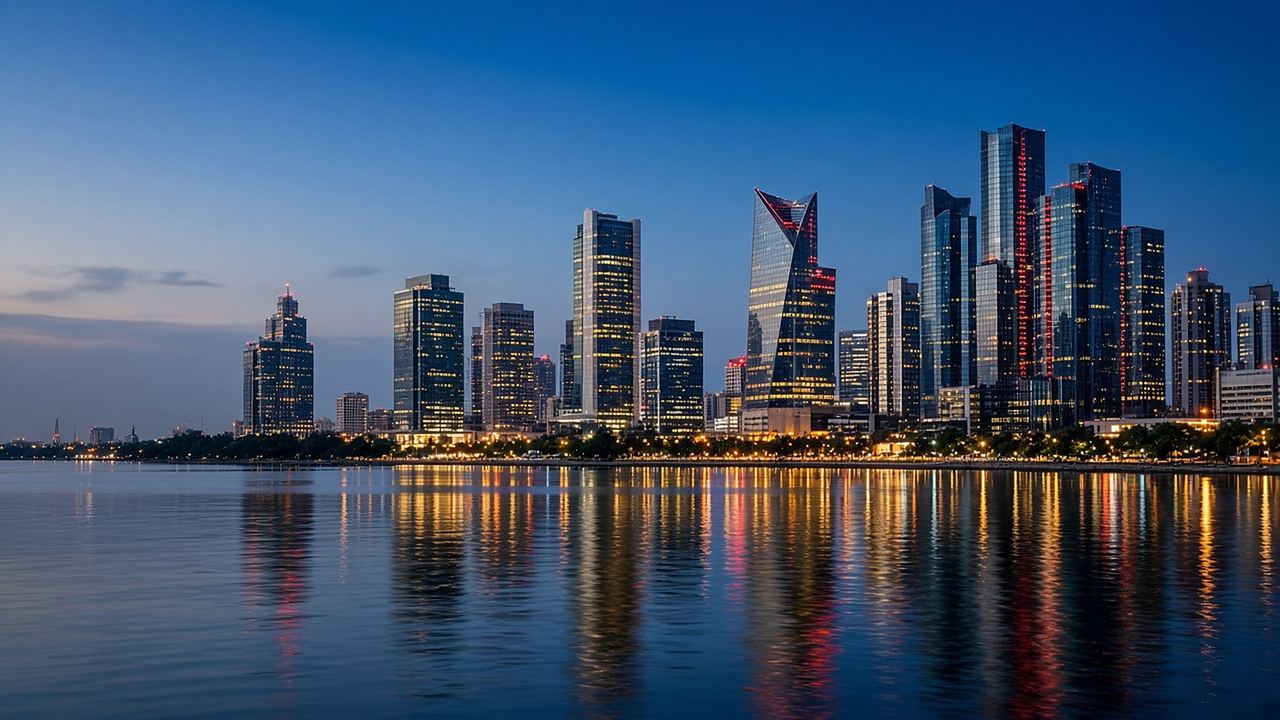 A skyline of glass towers at blue hour, the city lights reflected in the water