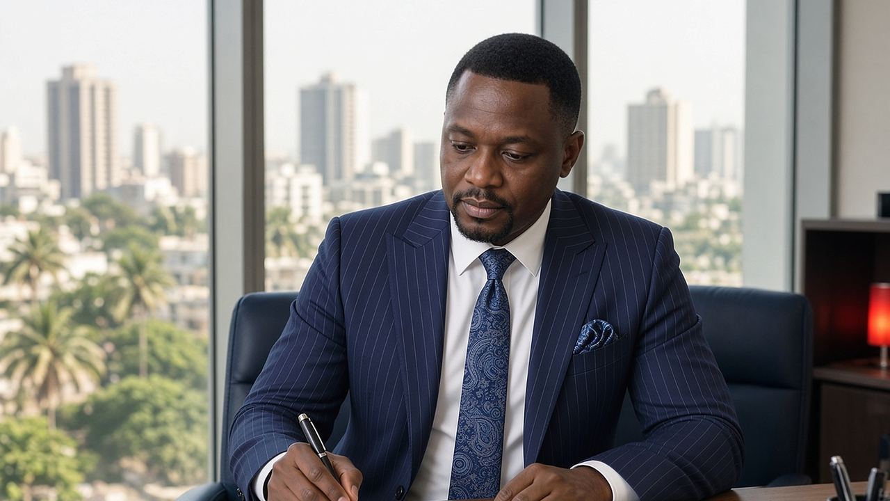 A West African founder in a navy pinstripe suit and blue tie reviews papers at his desk, a sunlit city of towers and palm trees behind him